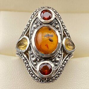 925 Sterling Silver Amber, Red Garnet, Yellow Citrine Vtg. Ring Sz. 6 - 8gm